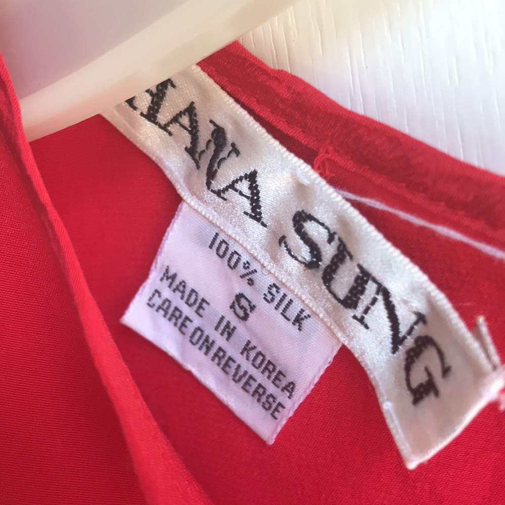 VTG Hana Sung Cherry Red Silk Short Sleeve Blouse - Picture 4 of 11